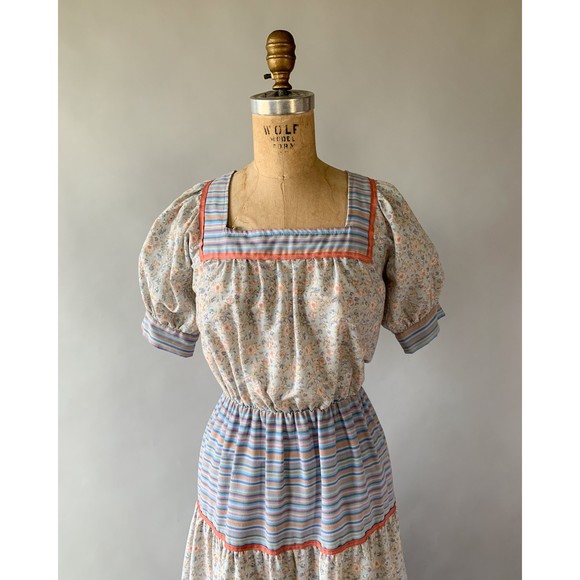 Vintage 1970s Blue Pink Floral Patchwork Tiered Ruffled Maxi Dress Small Medium - Picture 3 of 10